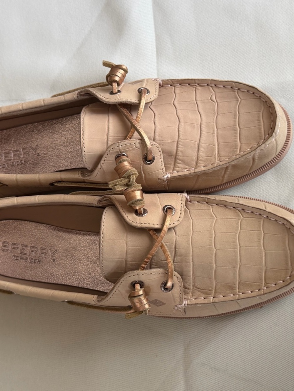 Sperry Croc-Embossed Slip-On Boat Shoes in Light Tan